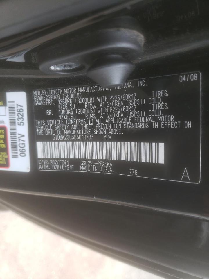 Photo 10 from auction – 2008 TOYOTA SIENNA LE with VIN 5TDBK23C58S019737