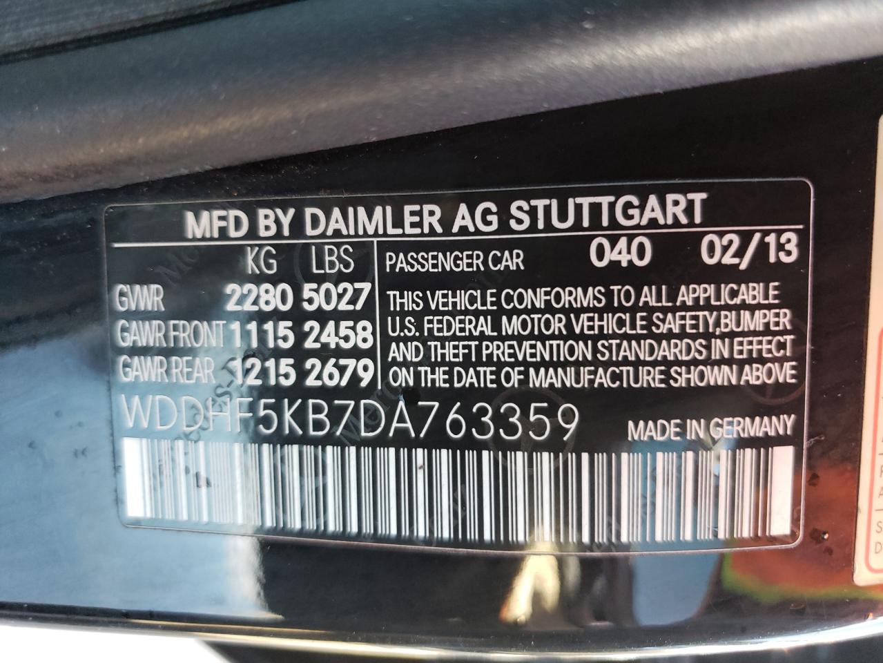 Photo 10 from auction – 2013 MERCEDES-BENZ E 350 with VIN WDDHF5KB7DA763359