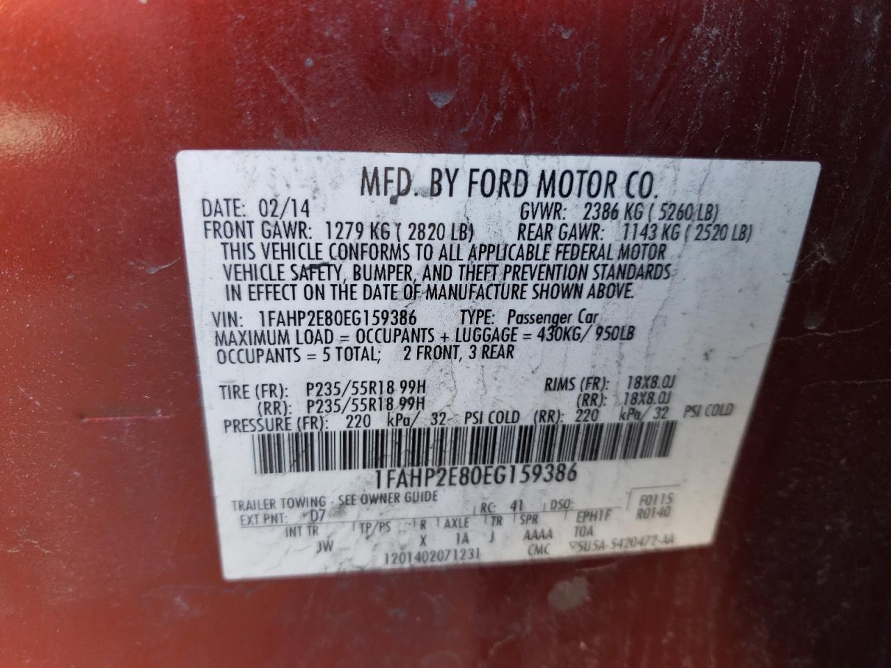 Photo 10 from auction – 2014 FORD TAURUS SEL with VIN 1FAHP2E80EG159386