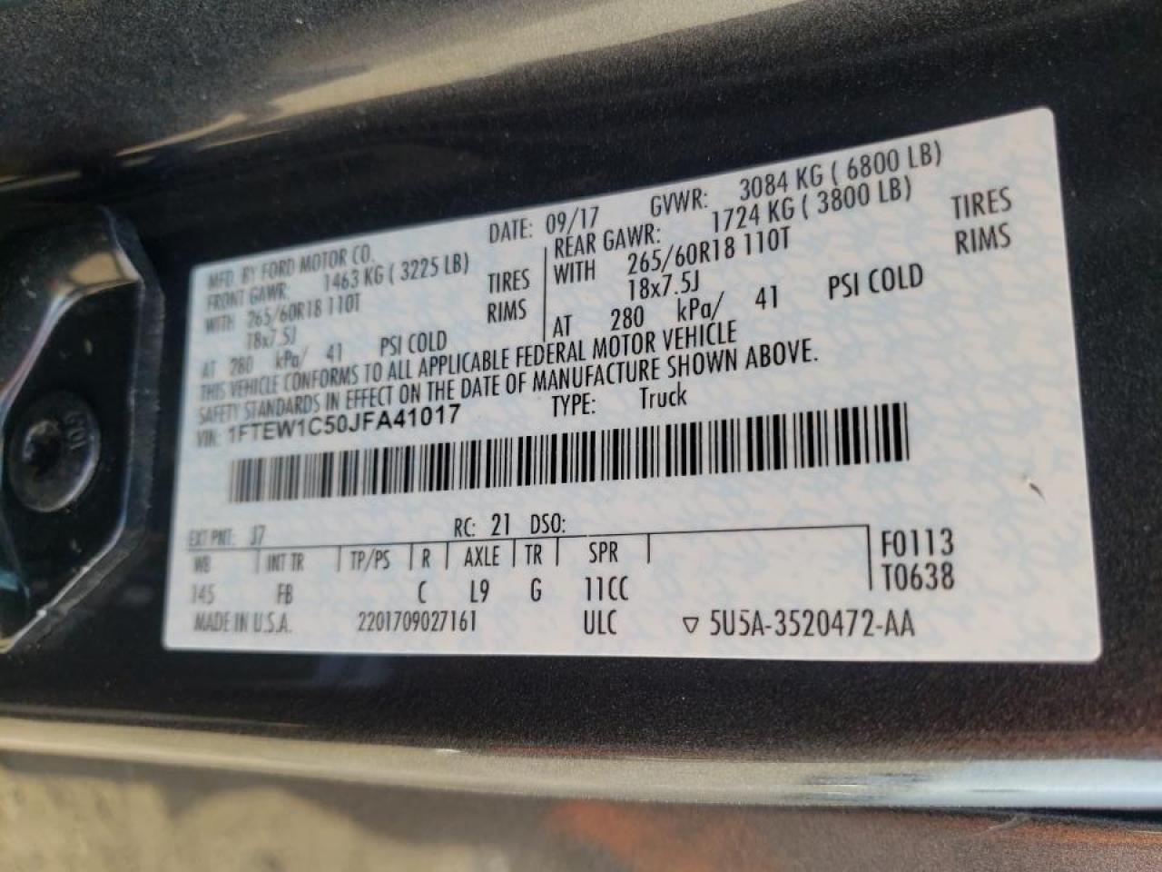 Photo 10 from auction – 2018 FORD F150 SUPER with VIN 1FTEW1C50JFA41017