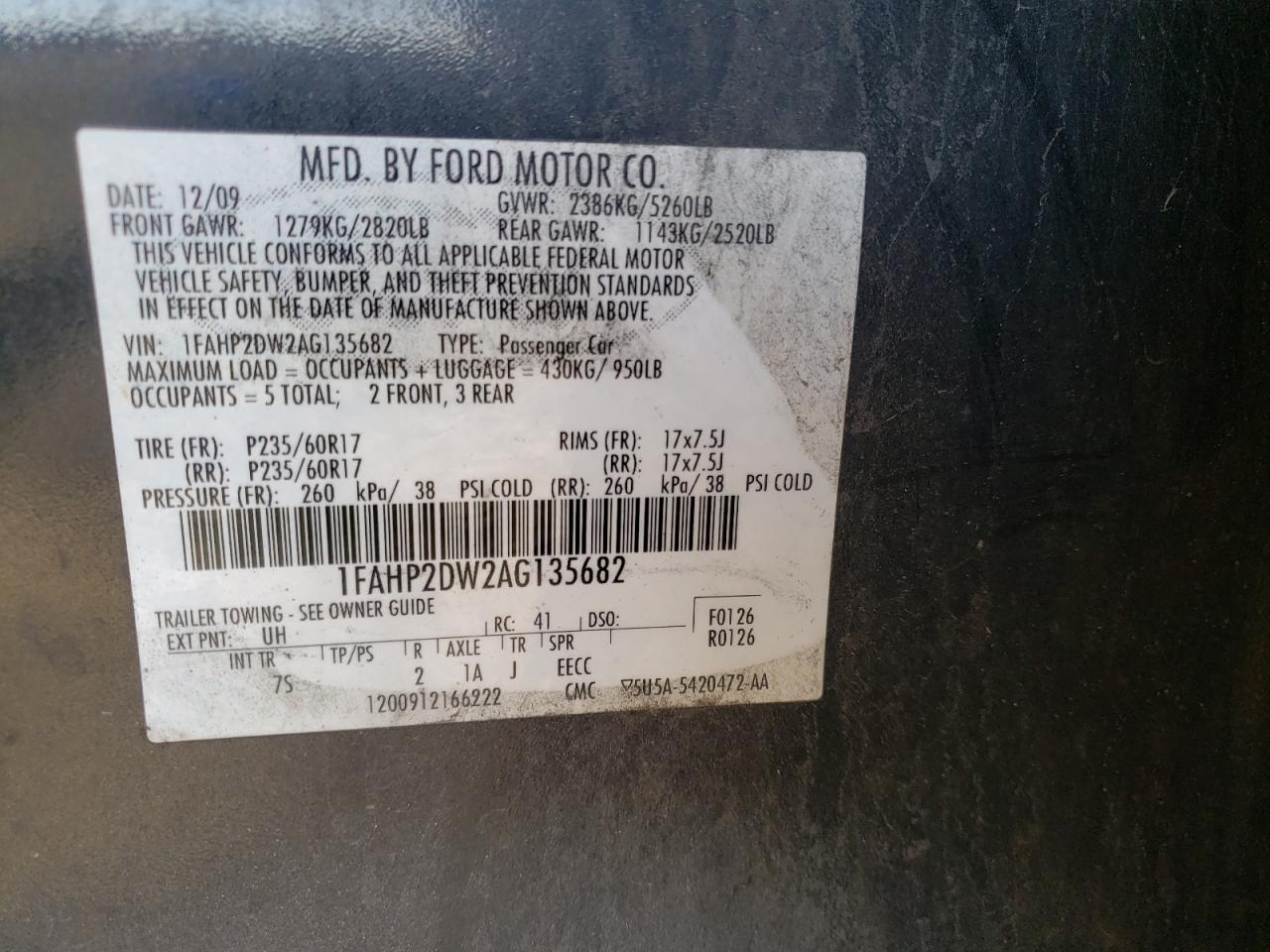 Photo 10 from auction – 2010 FORD TAURUS SE with VIN 1FAHP2DW2AG135682