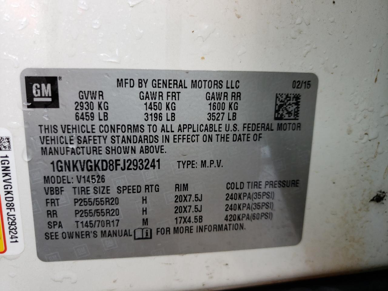 Photo 10 from auction – 2015 CHEVROLET TRAVERSE L with VIN 1GNKVGKD8FJ293241