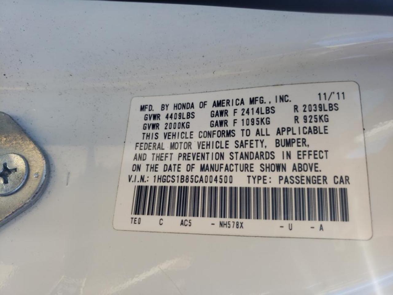 Photo 10 from auction – 2012 HONDA ACCORD EXL with VIN 1HGCS1B85CA004500