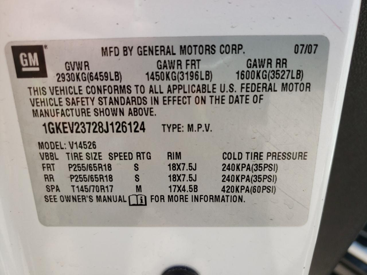 Photo 10 from auction – 2008 GMC ACADIA SLT with VIN 1GKEV23728J126124