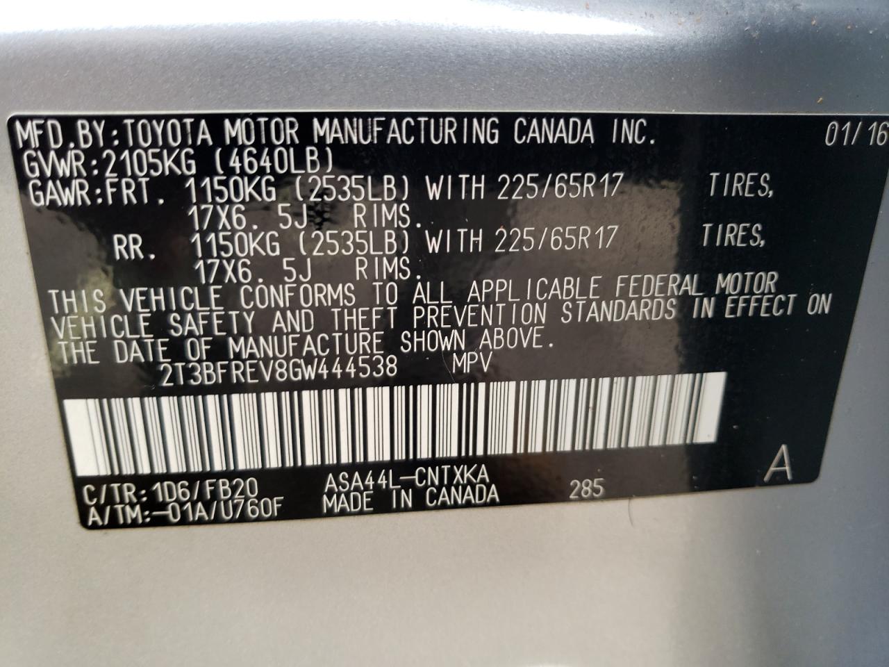 Photo 10 from auction – 2016 TOYOTA RAV4 LE with VIN 2T3BFREV8GW444538
