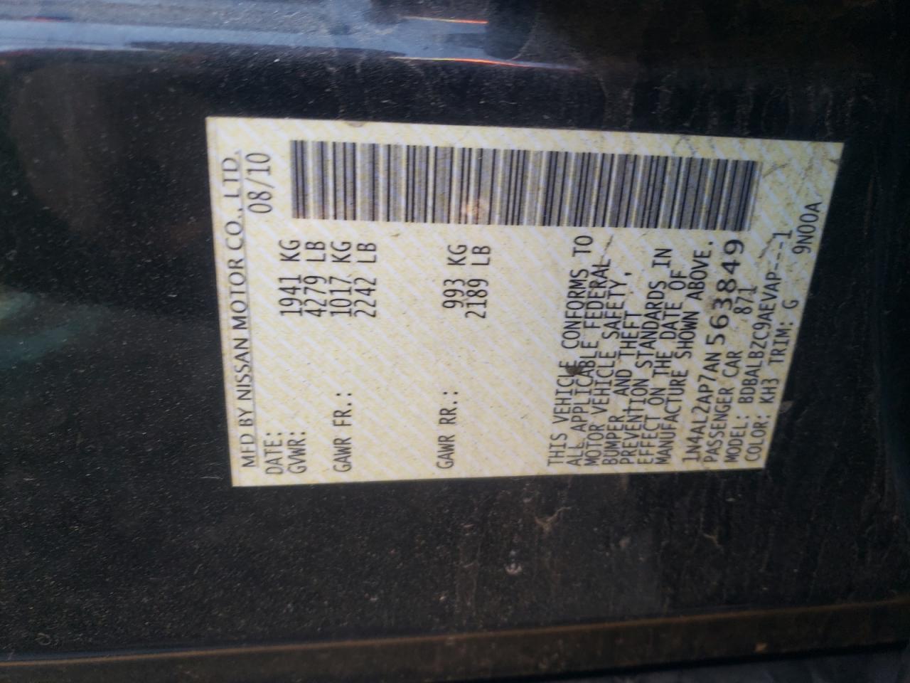 Photo 10 from auction – 2010 NISSAN ALTIMA BAS with VIN 1N4AL2AP7AN563849