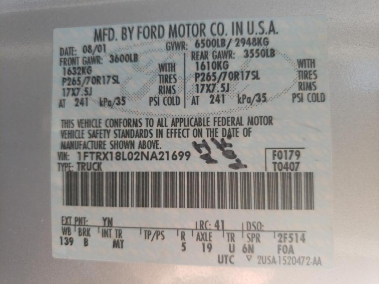 Photo 10 from auction – 2002 FORD F150 with VIN 1FTRX18L02NA21699