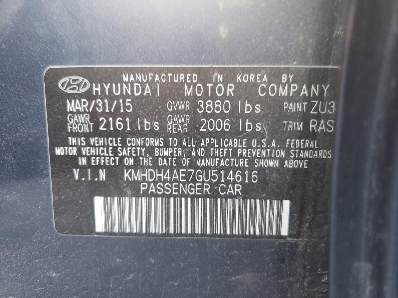 Photo 10 from auction – 2016 HYUNDAI ELANTRA SE with VIN KMHDH4AE7GU514616