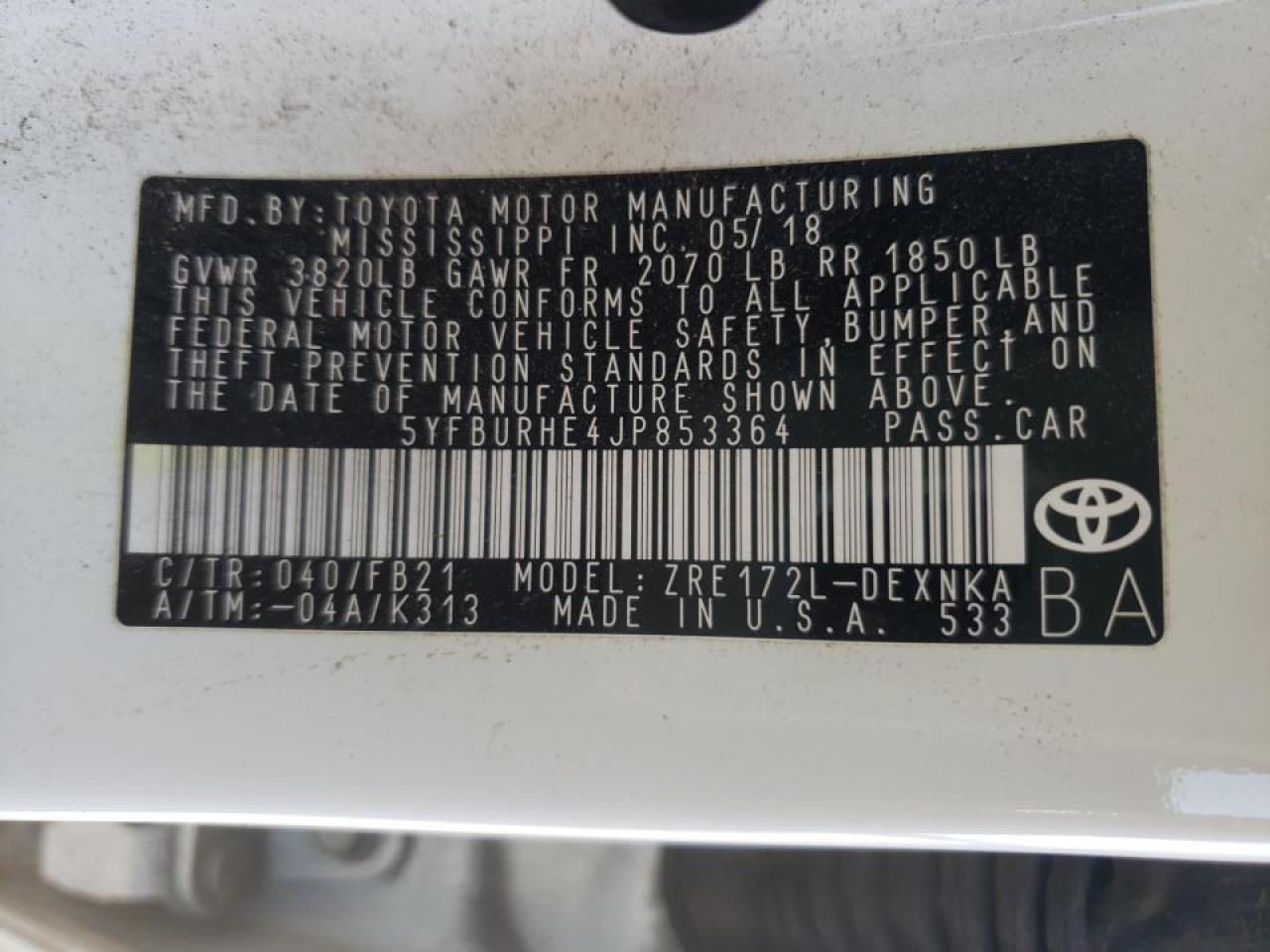 Photo 10 from auction – 2018 TOYOTA COROLLA L with VIN 5YFBURHE4JP853364