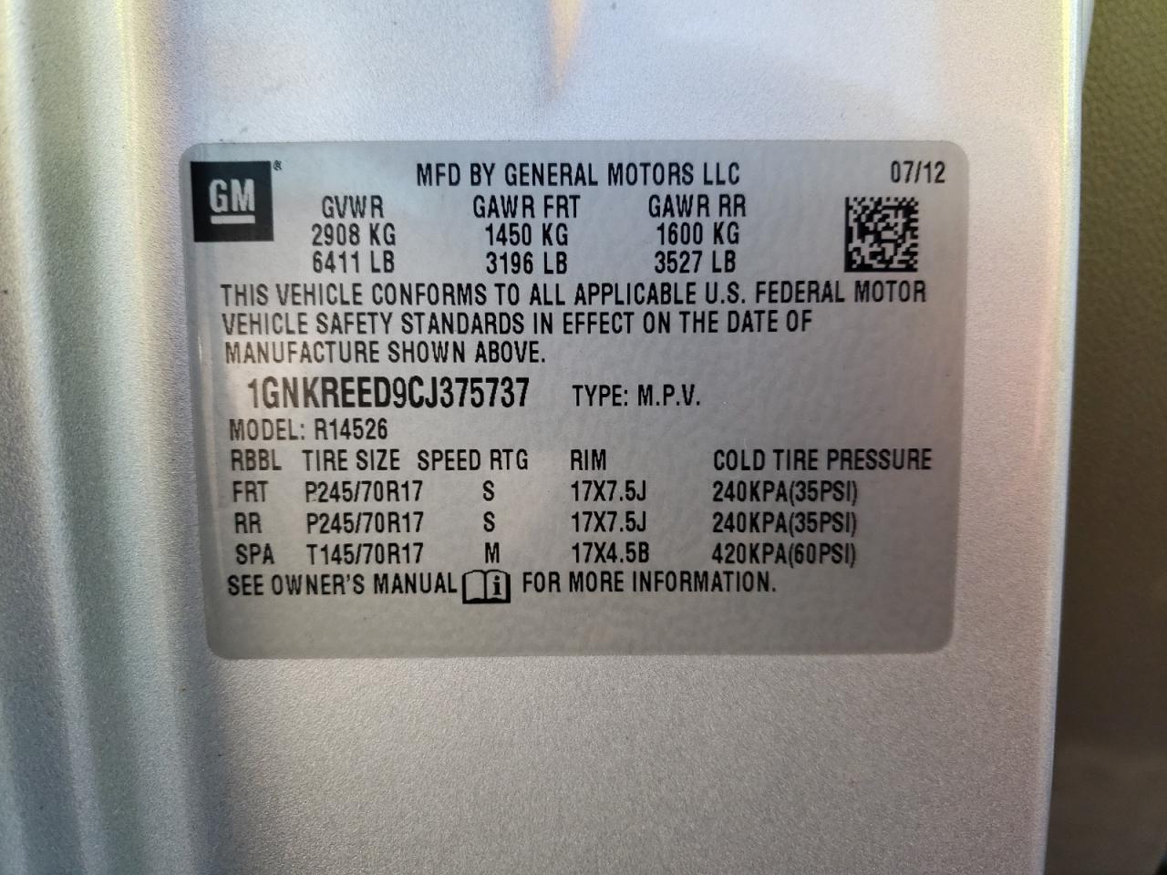 Photo 10 from auction – 2012 CHEVROLET TRAVERSE L with VIN 1GNKREED9CJ375737