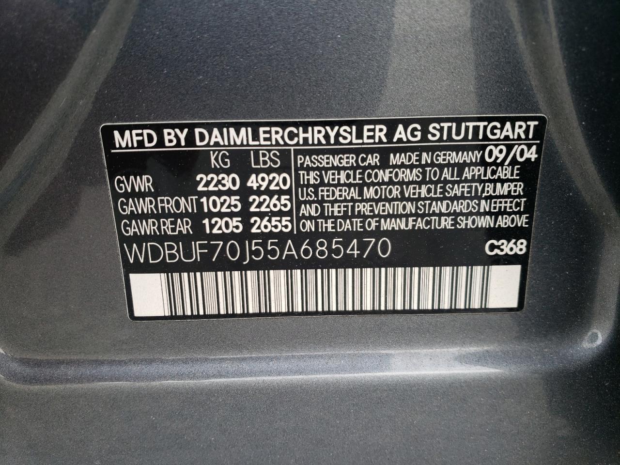 Photo 10 from auction – 2005 MERCEDES-BENZ E 500 with VIN WDBUF70J55A685470