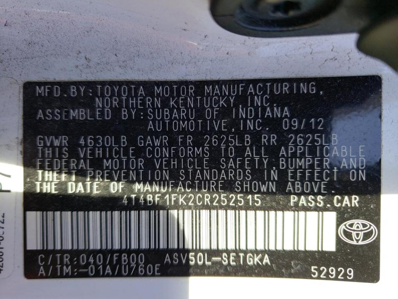 Photo 10 from auction – 2012 TOYOTA CAMRY BASE with VIN 4T4BF1FK2CR252515