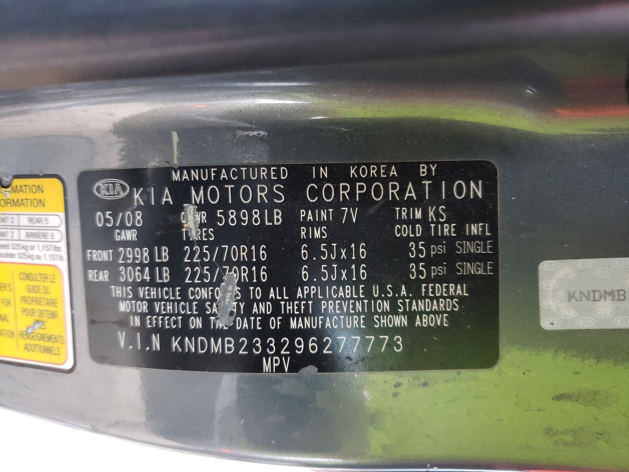Photo 10 from auction – 2009 KIA SEDONA EX with VIN KNDMB233296277773