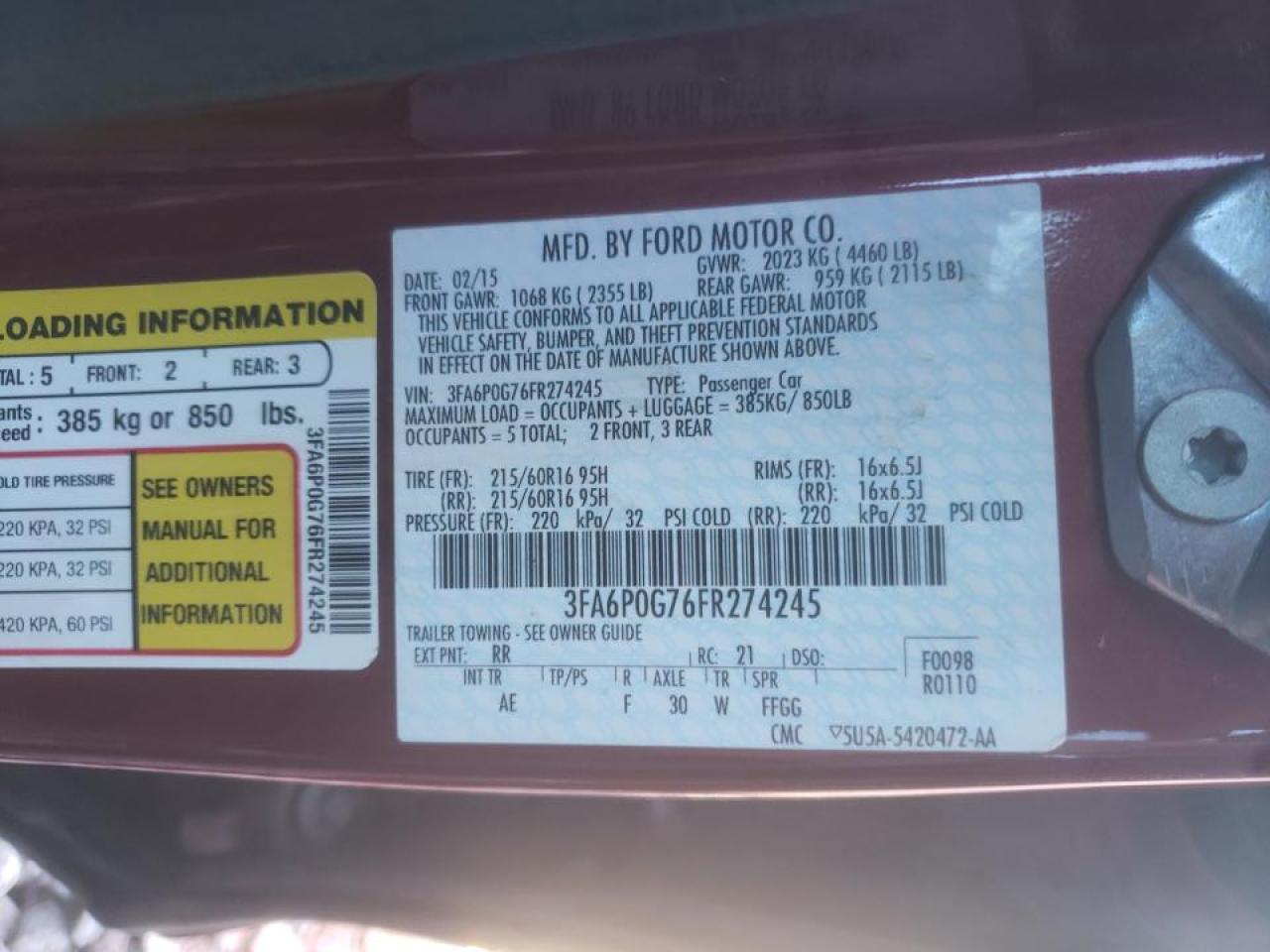 Photo 10 from auction – 2015 FORD FUSION S with VIN 3FA6P0G76FR274245