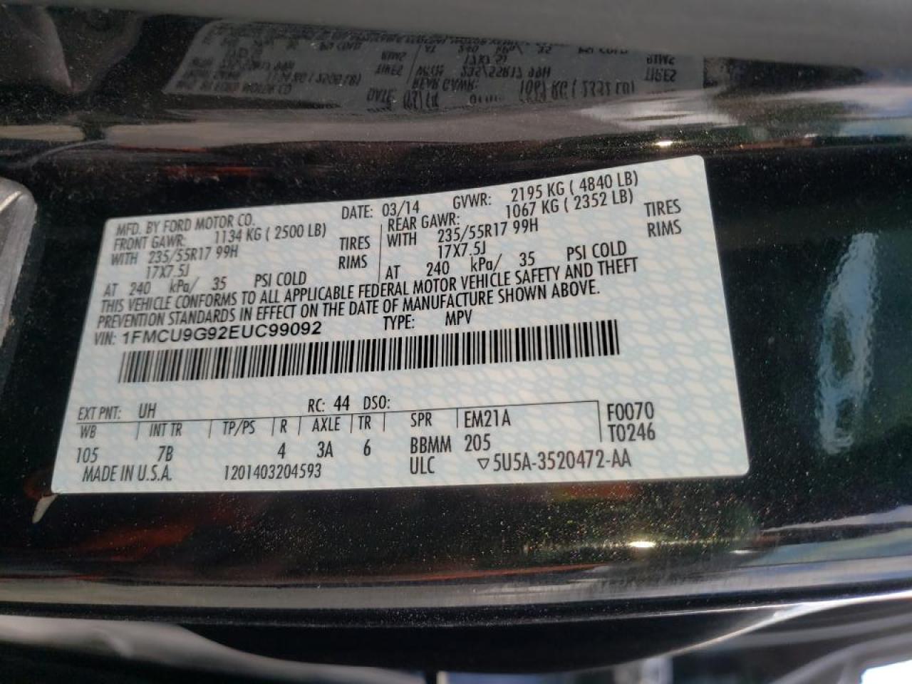 Photo 10 from auction – 2014 FORD ESCAPE SE with VIN 1FMCU9G92EUC99092