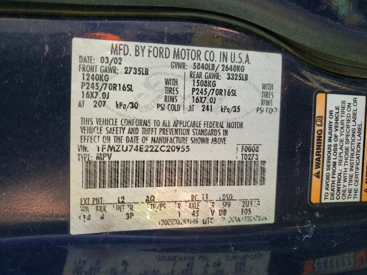 Photo 10 from auction – 2002 FORD EXPLORER E with VIN 1FMZU74E22ZC20955