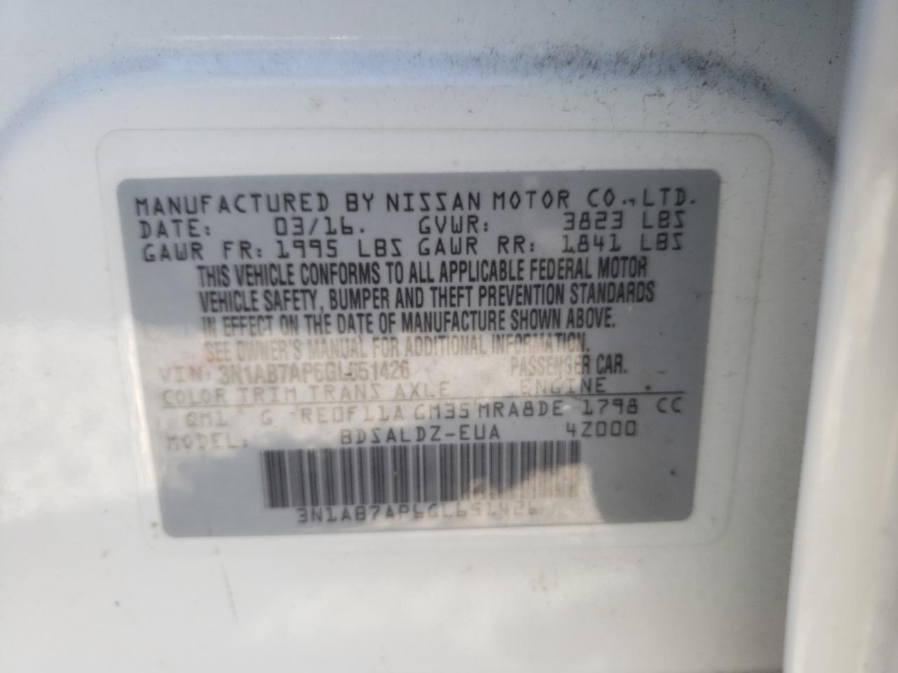 Photo 10 from auction – 2016 NISSAN SENTRA S with VIN 3N1AB7AP6GL651426