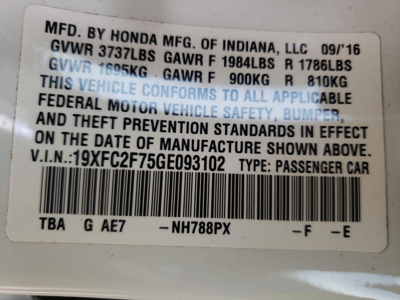 Photo 10 from auction – 2016 HONDA CIVIC EX with VIN 19XFC2F75GE093102
