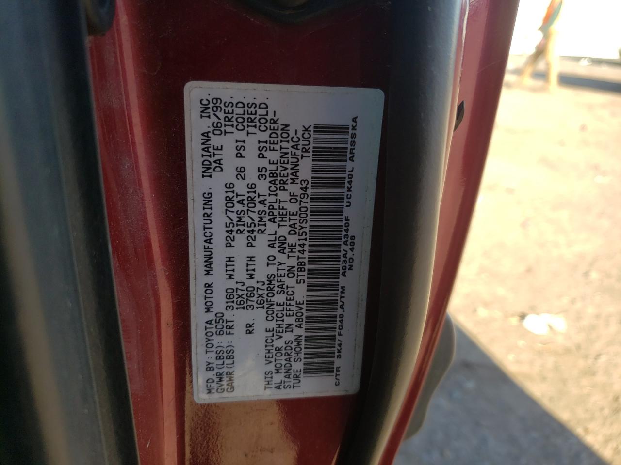 Photo 10 from auction – 2000 TOYOTA TUNDRA ACC with VIN 5TBBT4415YS007943