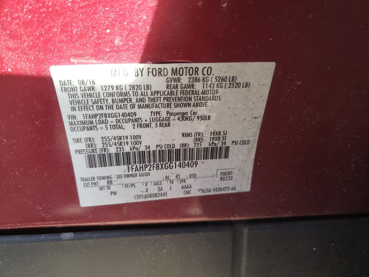 Photo 10 from auction – 2016 FORD TAURUS LIM with VIN 1FAHP2F8XGG140409