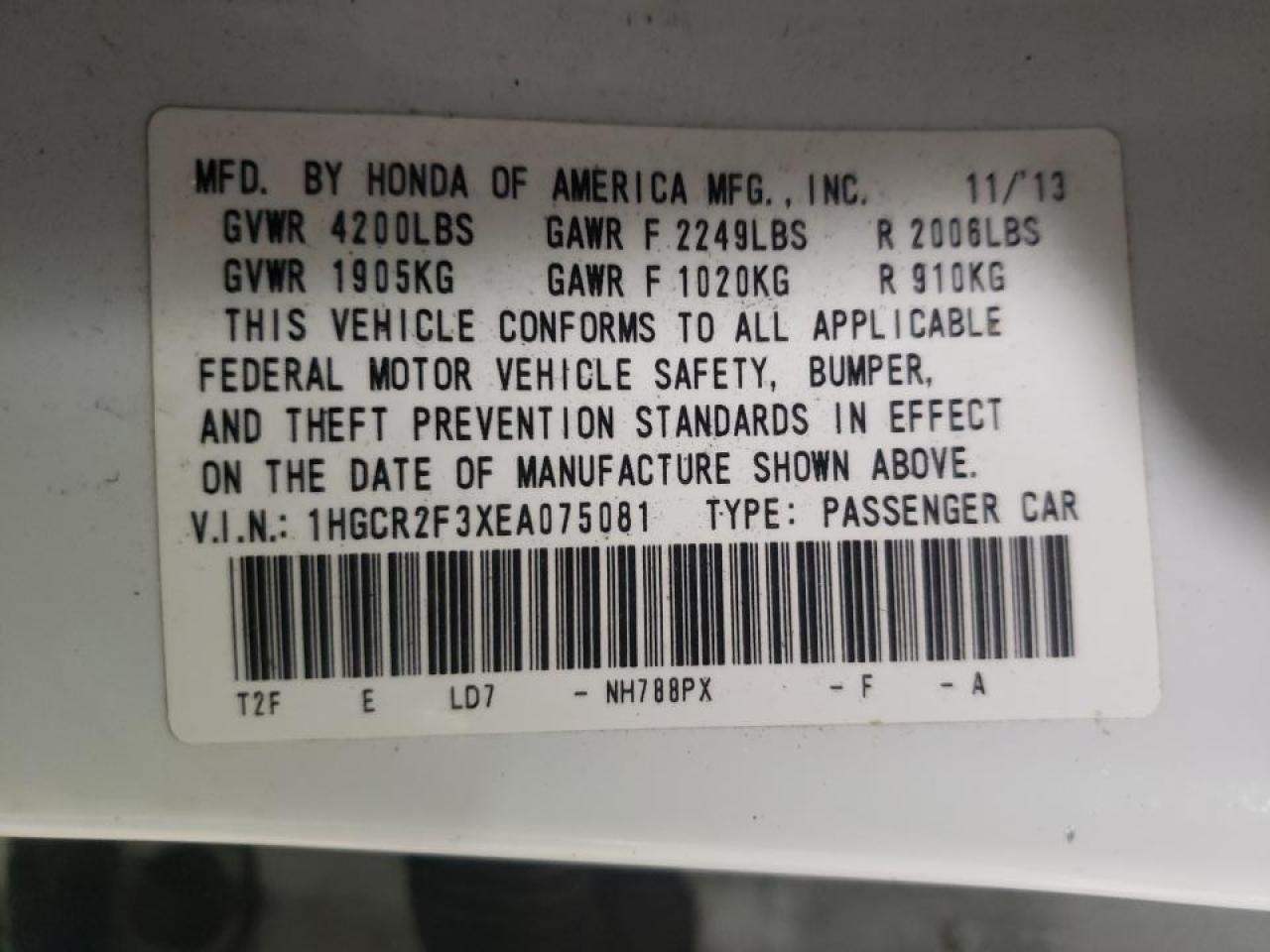 Photo 10 from auction – 2014 HONDA ACCORD LX with VIN 1HGCR2F3XEA075081