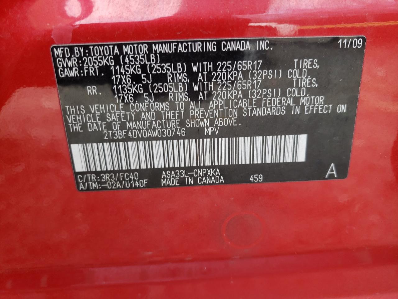 Photo 10 from auction – 2010 TOYOTA RAV4 with VIN 2T3BF4DV0AW030746