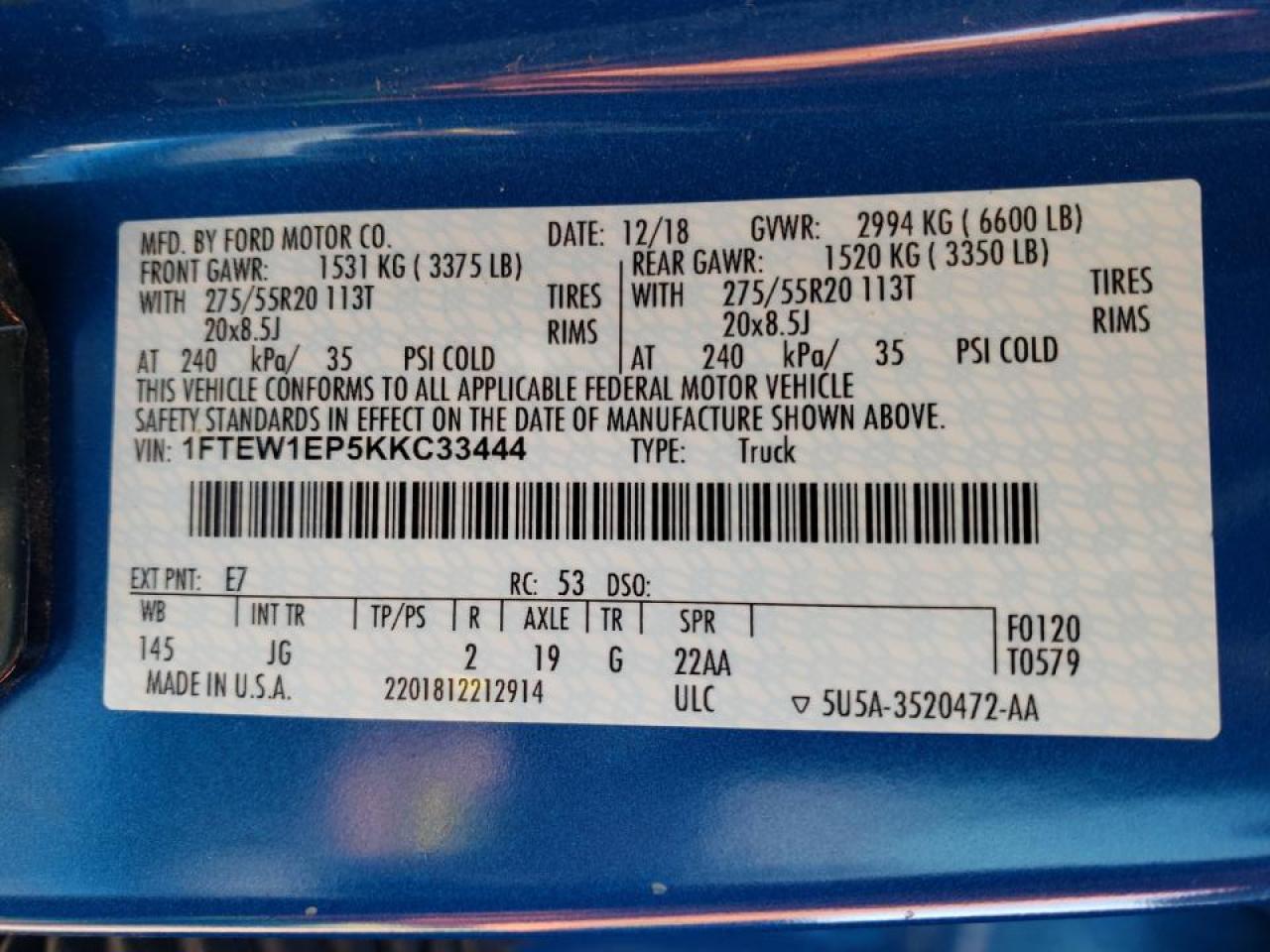 Photo 10 from auction – 2019 FORD F150 SUPER with VIN 1FTEW1EP5KKC33444
