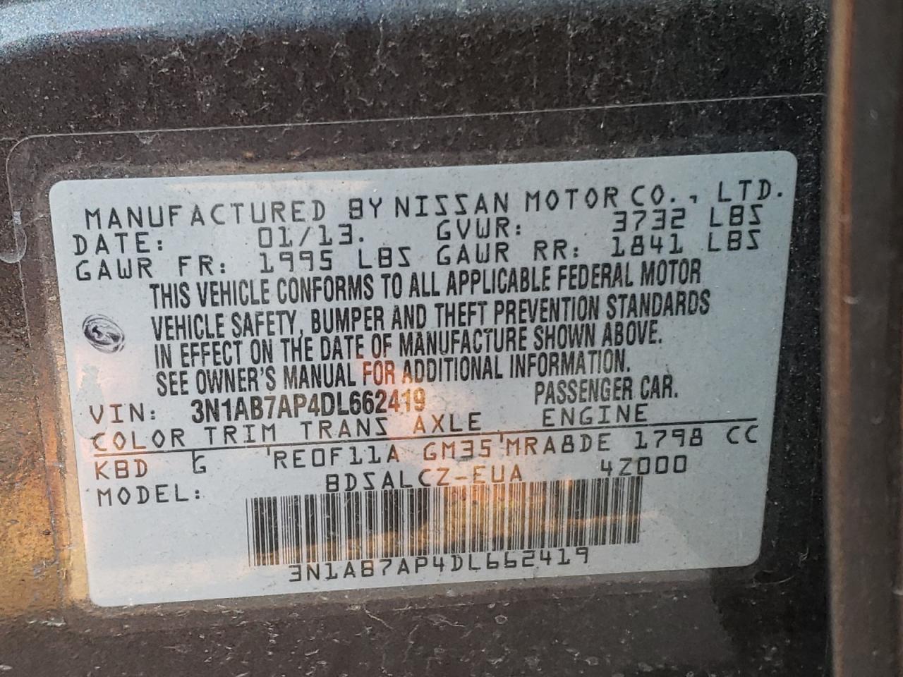Photo 10 from auction – 2013 NISSAN SENTRA S with VIN 3N1AB7AP4DL662419