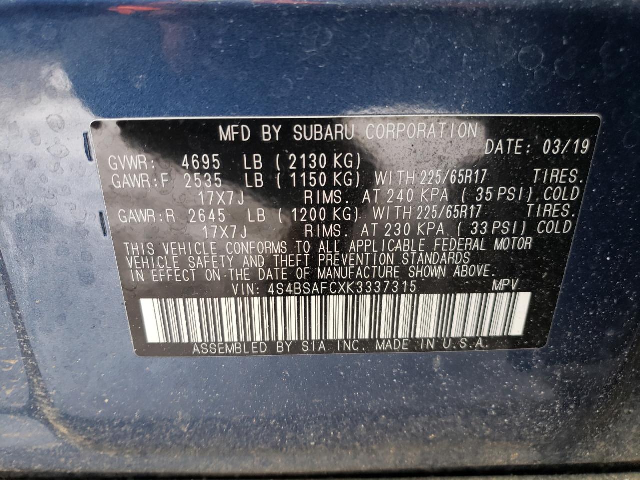 Photo 10 from auction – 2019 SUBARU OUTBACK 2. with VIN 4S4BSAFCXK3337315