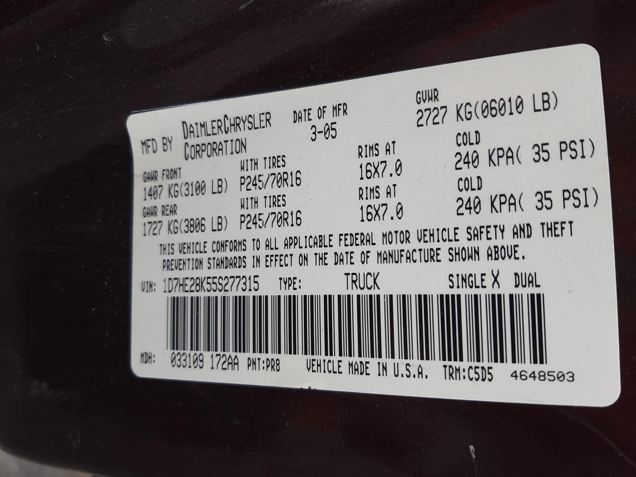 Photo 10 from auction – 2005 DODGE DAKOTA QUA with VIN 1D7HE28K55S277315