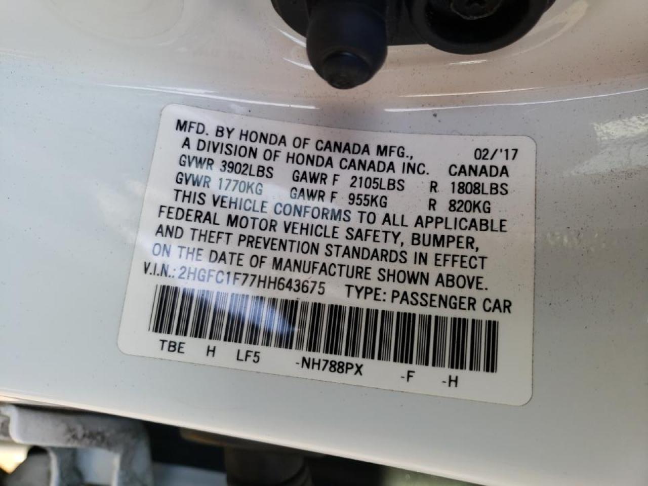 Photo 10 from auction – 2017 HONDA CIVIC EXL with VIN 2HGFC1F77HH643675