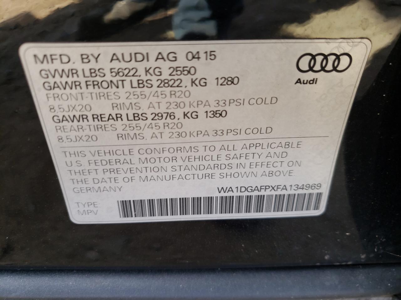 Photo 10 from auction – 2015 AUDI Q5 PREMIUM with VIN WA1DGAFPXFA134969