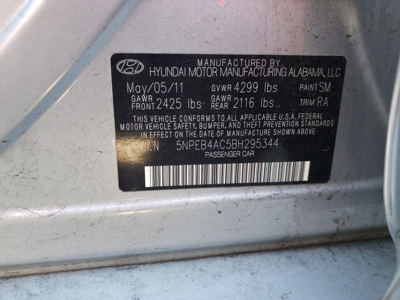 Photo 10 from auction – 2011 HYUNDAI SONATA GLS with VIN 5NPEB4AC5BH295344