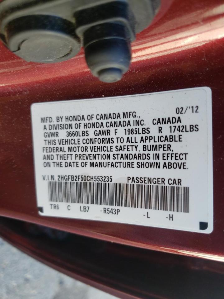 Photo 10 from auction – 2012 HONDA CIVIC LX with VIN 2HGFB2F50CH553235