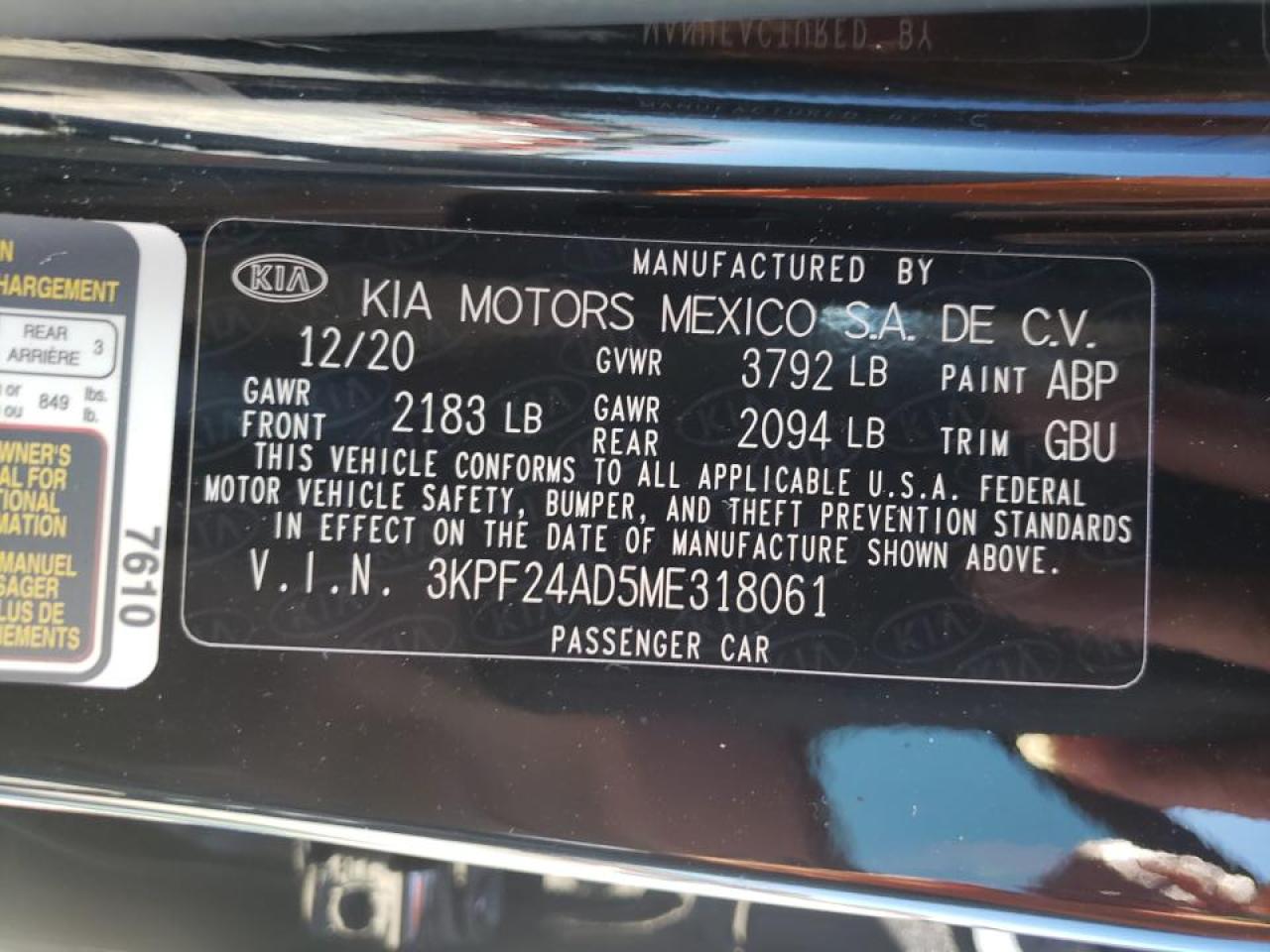 Photo 10 from auction – 2021 KIA FORTE FE with VIN 3KPF24AD5ME318061