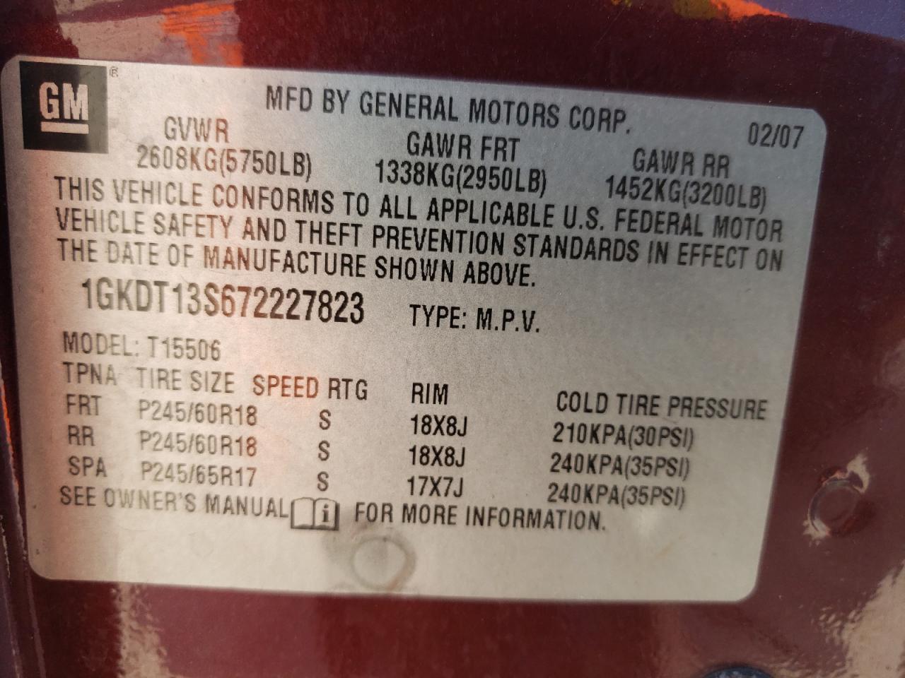 Photo 10 from auction – 2007 GMC ENVOY with VIN 1GKDT13S672227823