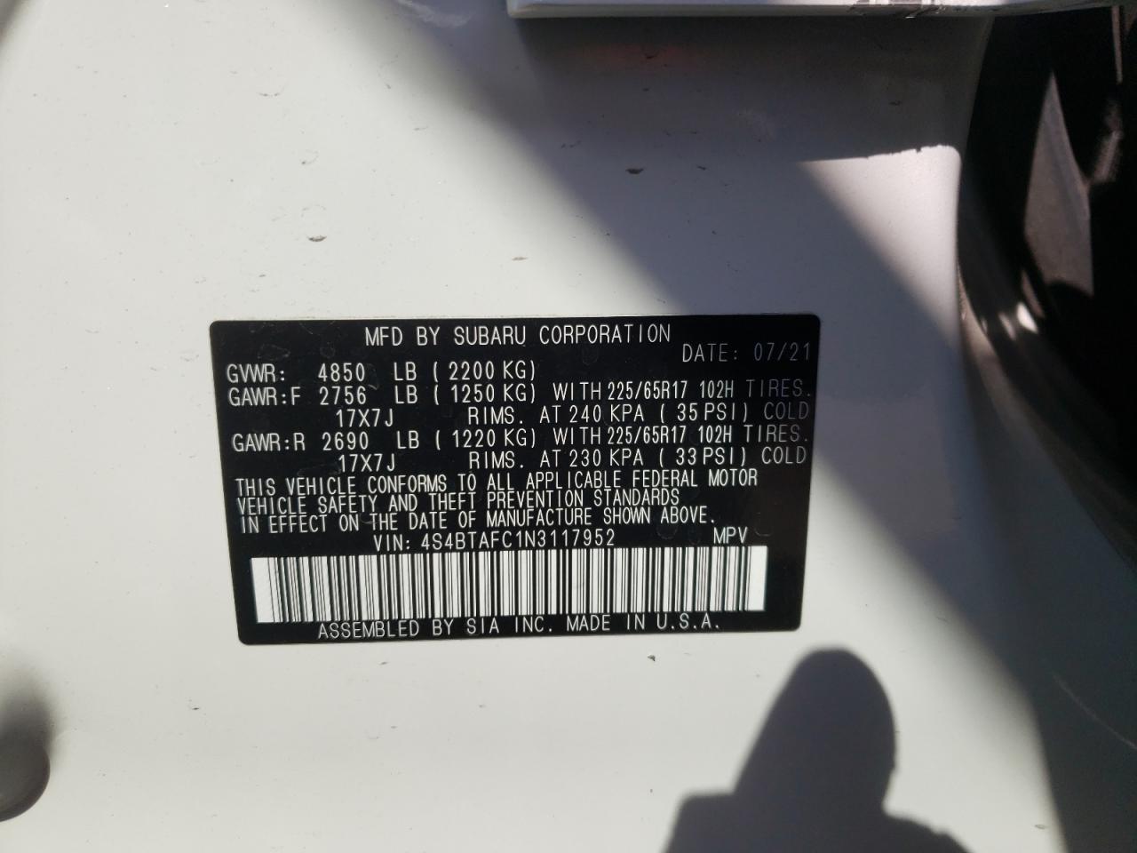 Photo 10 from auction – 2022 SUBARU OUTBACK PR with VIN 4S4BTAFC1N3117952