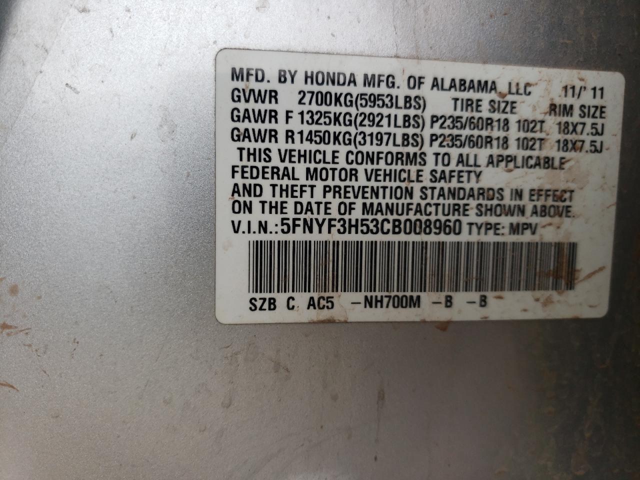 Photo 10 from auction – 2012 HONDA PILOT EXL with VIN 5FNYF3H53CB008960