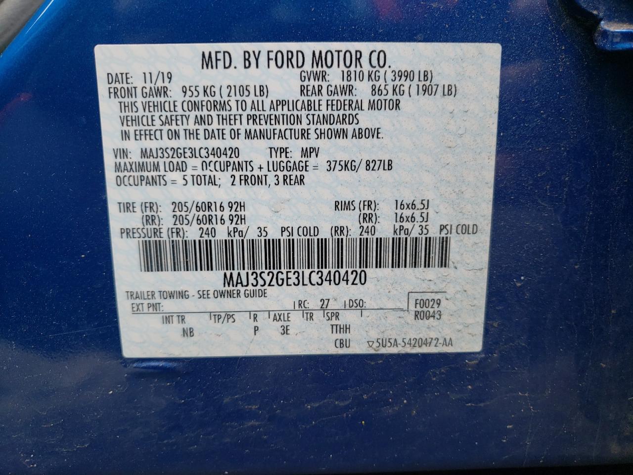 Photo 10 from auction – 2020 FORD ECOSPORT S with VIN MAJ3S2GE3LC340420