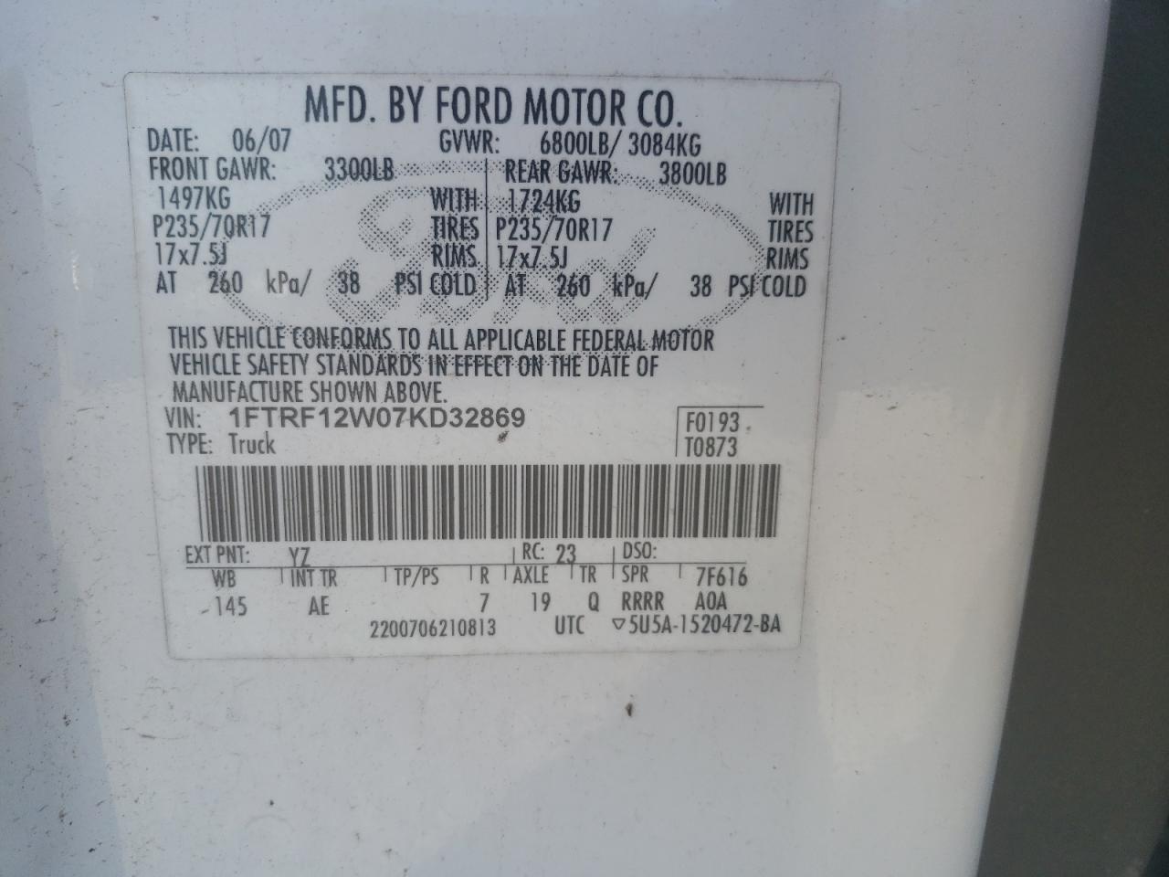Foto 10 de la subasta – 2007 FORD F150 con VIN 1FTRF12W07KD32869