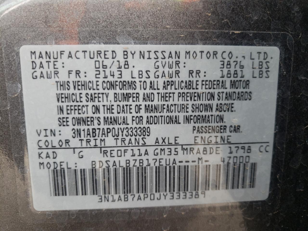 Photo 10 from auction – 2018 NISSAN SENTRA S with VIN 3N1AB7AP0JY333389