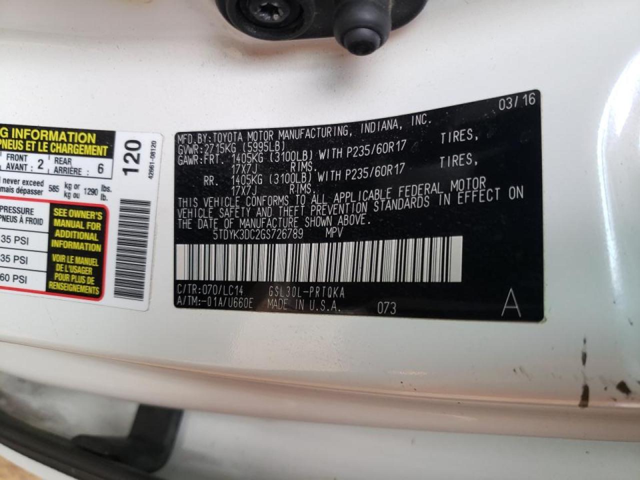 Photo 10 from auction – 2016 TOYOTA SIENNA XLE with VIN 5TDYK3DC2GS726789