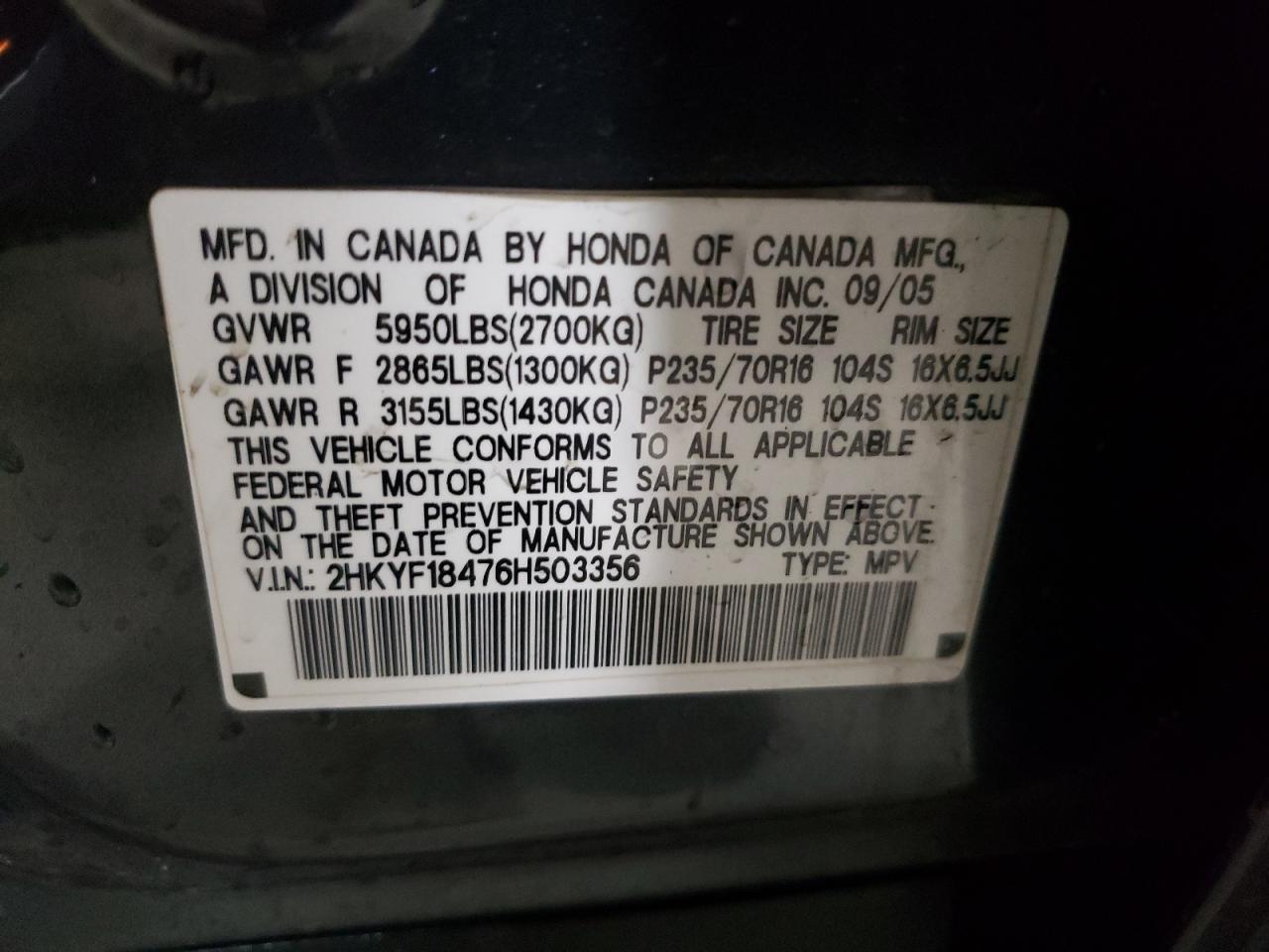 Photo 10 from auction – 2006 HONDA PILOT EX with VIN 2HKYF18476H503356