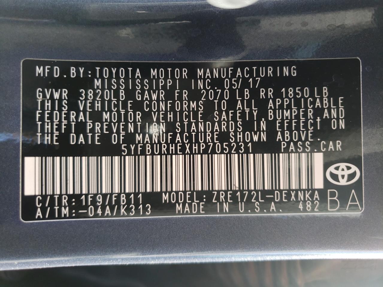 Photo 10 from auction – 2017 TOYOTA COROLLA L with VIN 5YFBURHEXHP705231