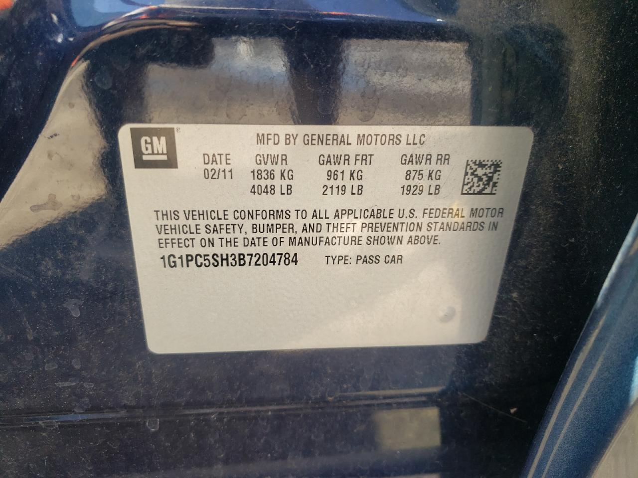 Photo 10 from auction – 2011 CHEVROLET CRUZE LS with VIN 1G1PC5SH3B7204784
