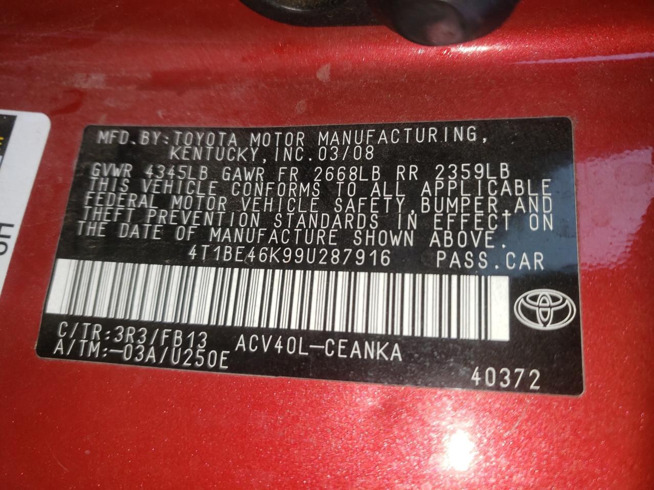 Photo 10 from auction – 2009 TOYOTA CAMRY BASE with VIN 4T1BE46K99U287916