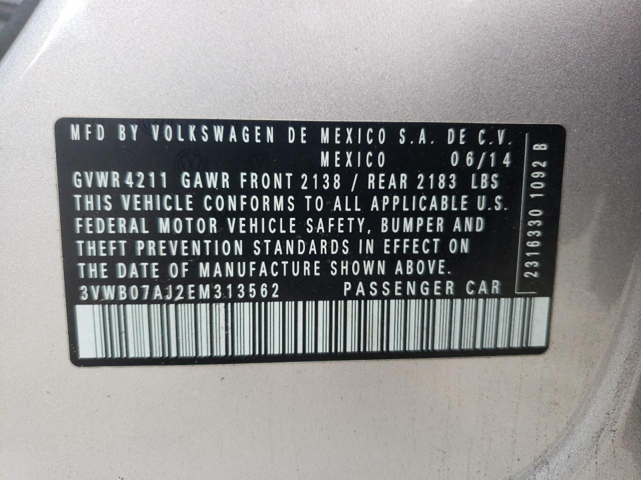 Photo 10 from auction – 2014 VOLKSWAGEN JETTA SE with VIN 3VWB07AJ2EM313562