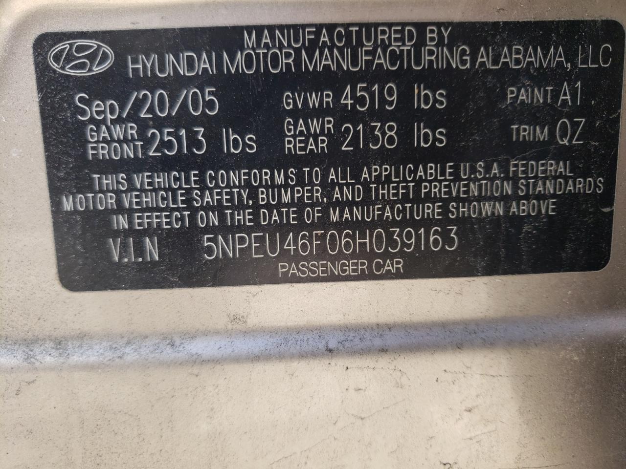 Photo 10 from auction – 2006 HYUNDAI SONATA GLS with VIN 5NPEU46F06H039163