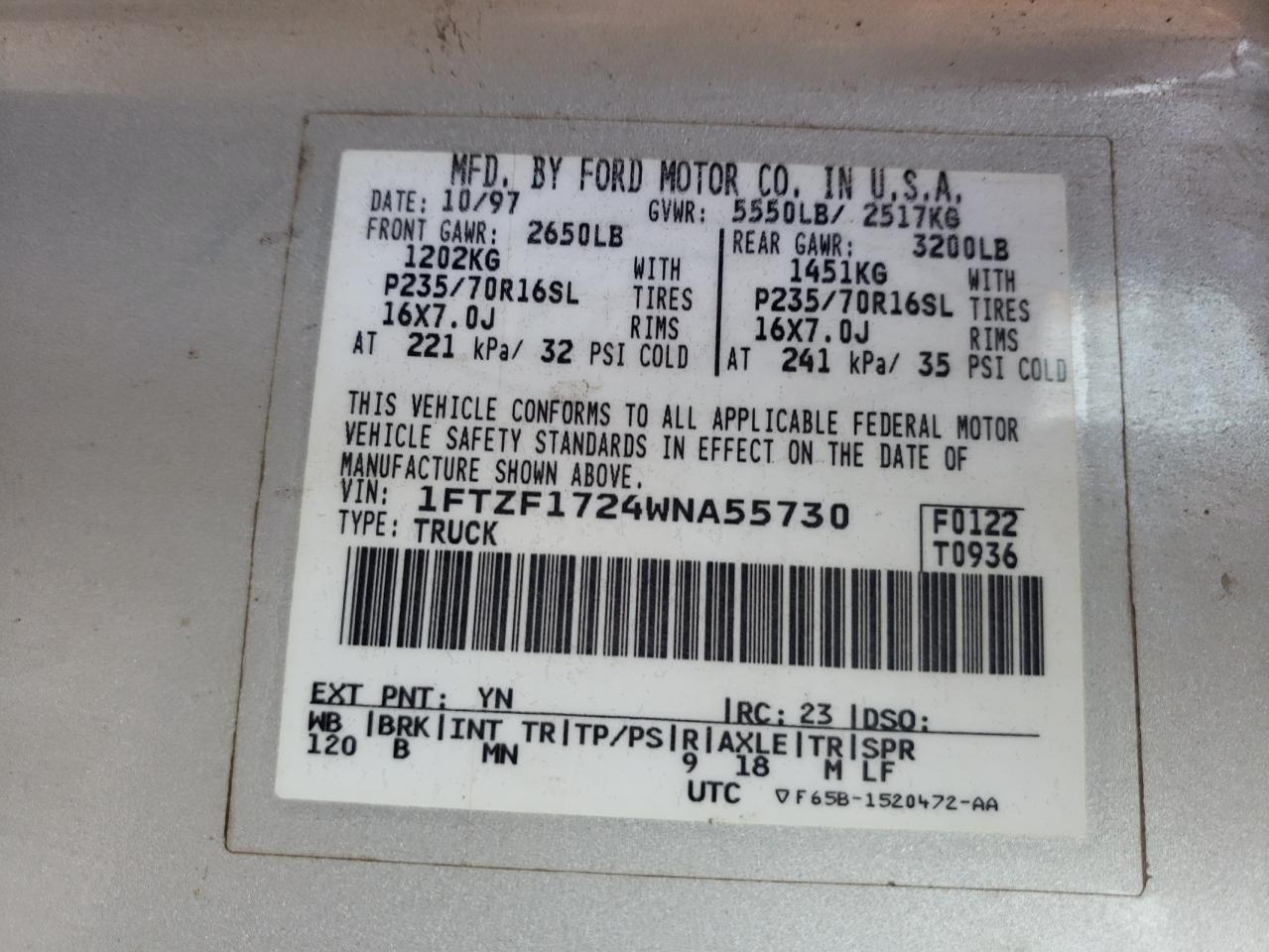 Photo 10 from auction – 1998 FORD F150 with VIN 1FTZF1724WNA55730