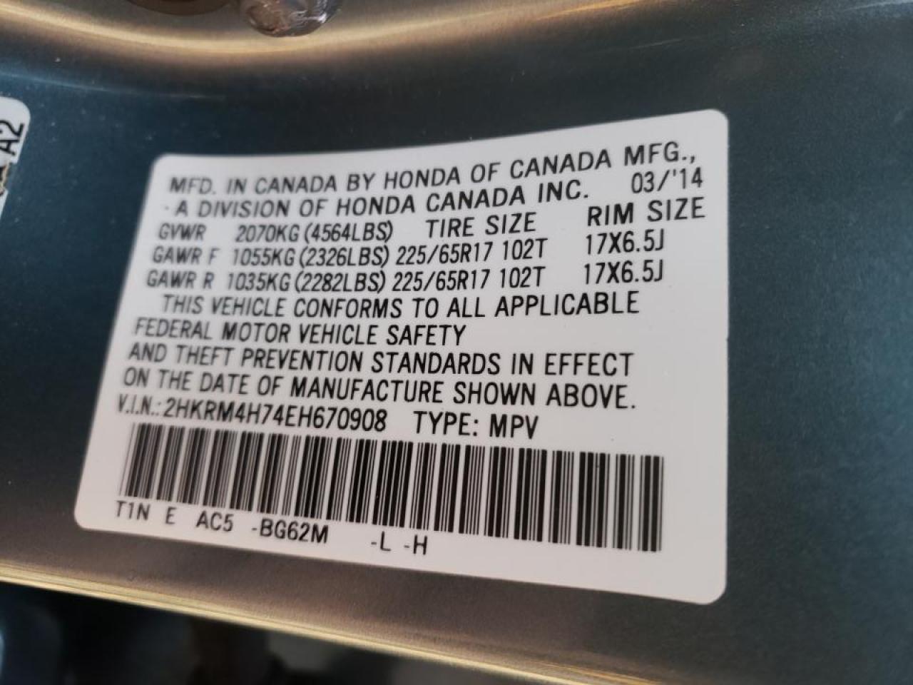 Photo 10 from auction – 2014 HONDA CR-V EXL with VIN 2HKRM4H74EH670908